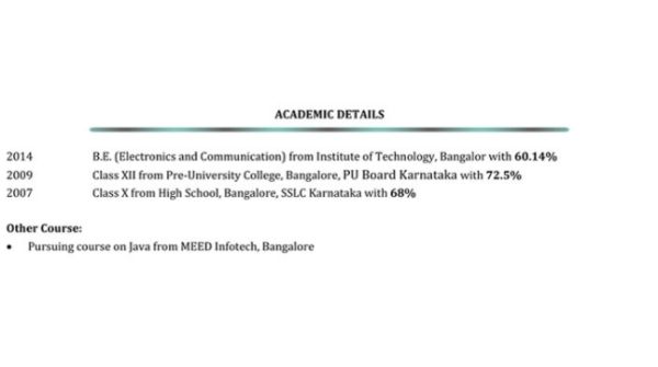 This image shows tip of writing a resume which contains the academic details section and way to present it in the CV format for freshers. It is an essential part.