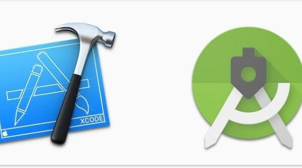 Logos of the two development tools for the Operating Systems iOS and Android are shown. These are the new tools used.